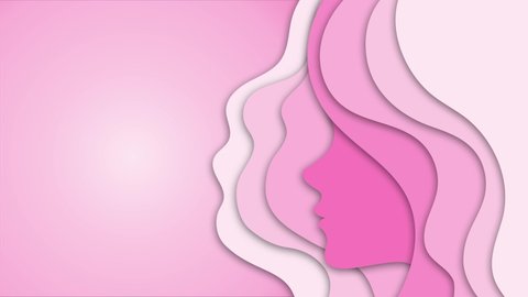 4K animated background for text 8 march or Mothers day. Animated Woman silhouette in a Paper cut art style on a pink background