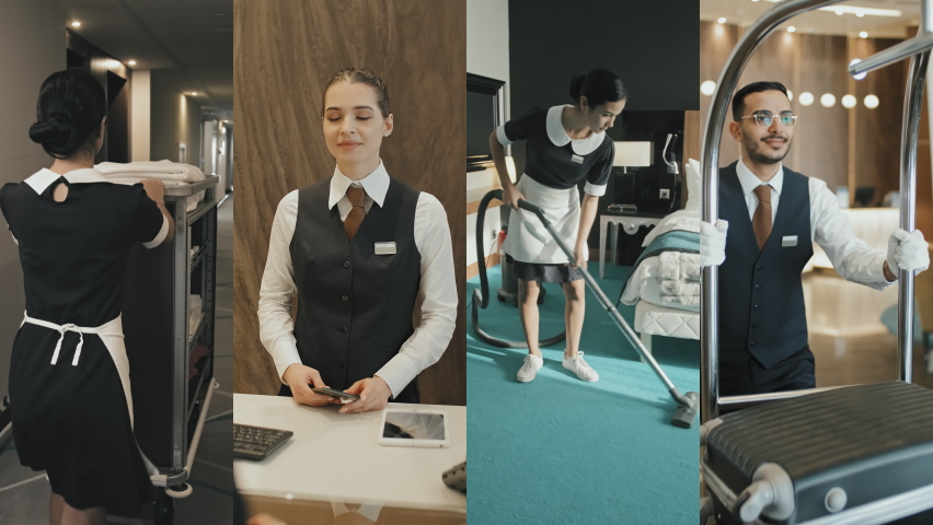 Split screen shot of four male and female hospitality employees. Female receptionist, female housekeepers and male porter working in upscale hotel | Shutterstock HD Video #1084258900