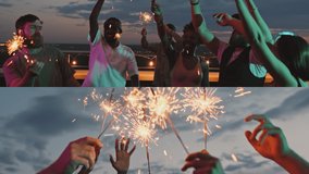Split screen of group of friends with sparklers dancing and partying together on rooftop on summer evening - Powered by Shutterstock - Get 15% off with code: PIKWIZARD15