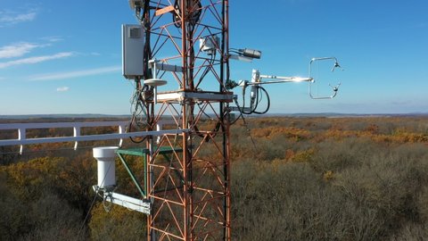 BRNO, CZECH REPUBLIC, SEPTEMBER 24 2020: Eddy covariance systems consist sonic anemometer scientific tower station research gas analyzer wind floodplain forests meteorological weather meteorology