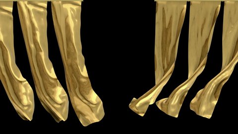 Gold Curtains blowing in the wind 3D model animation. ALPHA MATTE. Perfect 4K Art Deco style 3D model for TV show, intro, documentary, catwalk, stage design or The Great Gatsby and 1920s style project