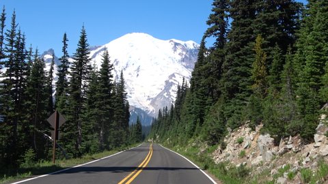Driving up the road to Mount Rainier in the Mount Rainier National Park, Washington