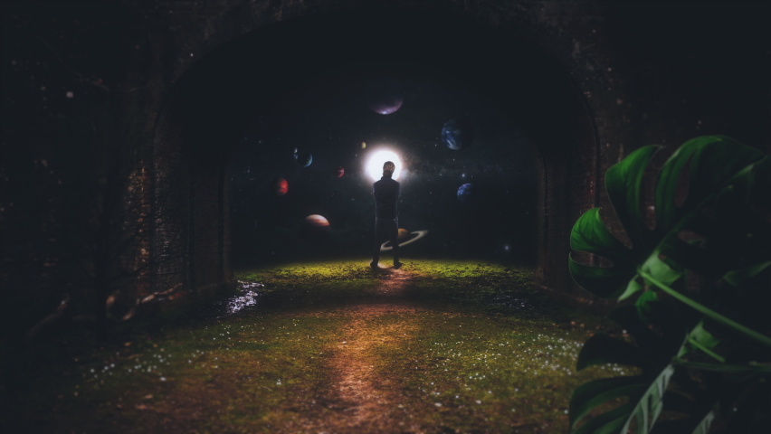 Man Looking Solar System Planets From Earth Edge. Man standing under an arch looking to planets in the solar system. Zoom In