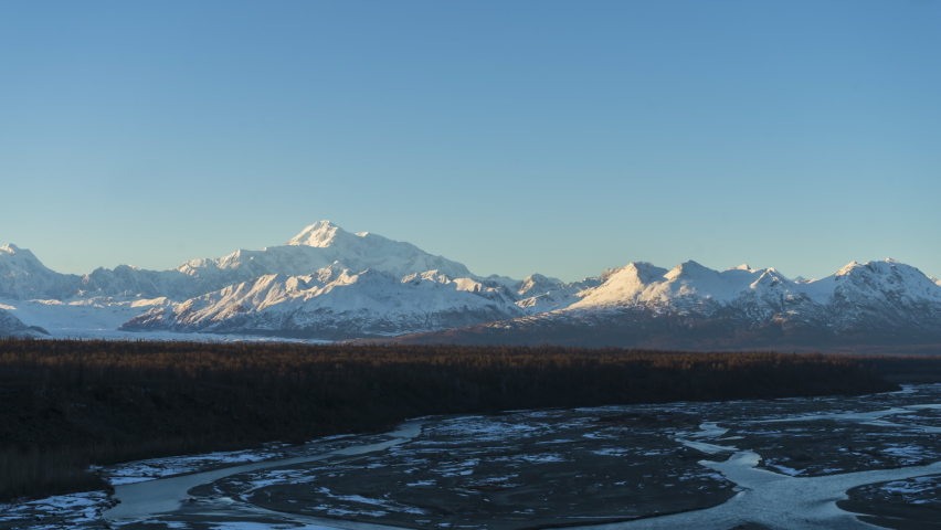 Mount Denali at Sunset. Landscape of Alaska, USA. Day to Night Lapse