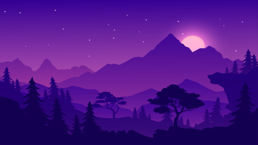 Night in coniferous forest with mountain, rising moon, and shooting stars. Night landscape animation