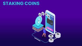 Young woman animation mining Etherium cryptocurrency with a mobile phone apps while standing in the metaverse - Powered by Shutterstock - Get 15% off with code: PIKWIZARD15