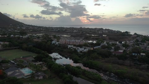 Aerial view. Tamarin salt production sea salt, Mauritius. Sunset