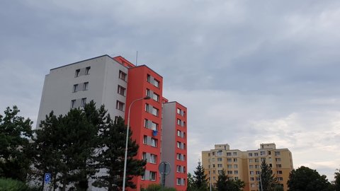 Prague, Czech Republic - JULY 12, 2021 : Prague Suburb (Kobylisy and Bohnice district), Aubervilliers, HLM buildings multi-dwelling. Exterior of multi storey building. There are many green area. 