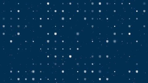Template animation of evenly spaced four-leaf clover symbols of different sizes and opacity. Animation of transparency and size. Seamless looped 4k animation on dark blue background with stars