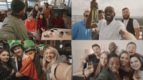 Split screen shot of four footages of happy groups of friends celebrating and video calling each other - Powered by Shutterstock - Get 15% off with code: PIKWIZARD15