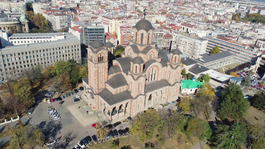 The Church of St. Mark, a Serbian Orthodox church located in central Belgrade, Serbia. Aerial shot, panoramic view.