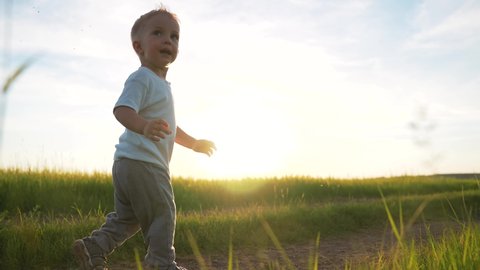 Happy kid walks on green grass. Child takes the first steps along rural road. Kid run in nature in park. Boy walks on grass in field. Happy childish dream concept in park. Boy run on green grass