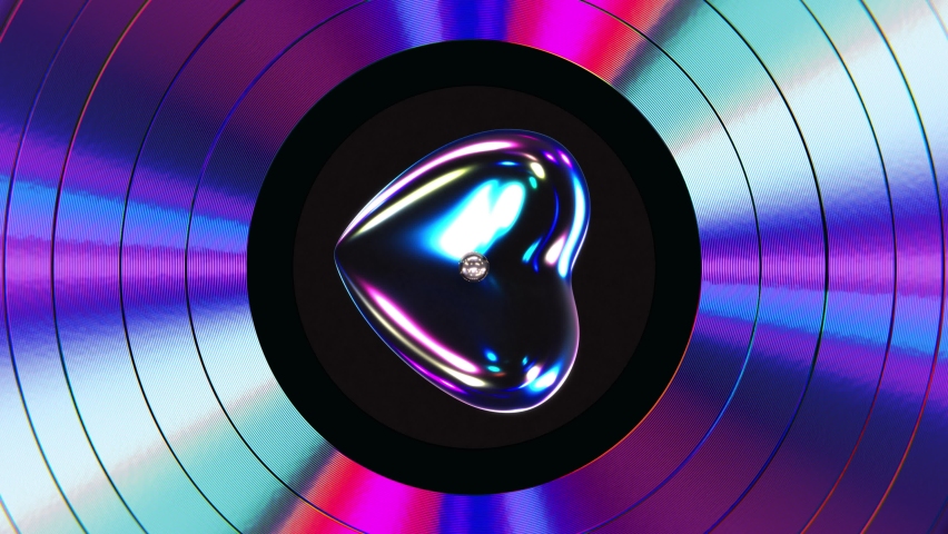 Realistic seamless looping 3D animation of dark pearly heart label iridescent Synthwave style vinyl record rendered in UHD as motion background Royalty-Free Stock Footage #1084282846
