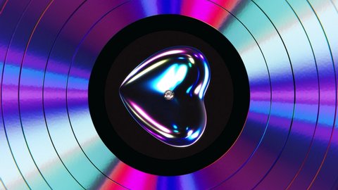 Realistic seamless looping 3D animation of dark pearly heart label iridescent Synthwave style vinyl record rendered in UHD as motion background