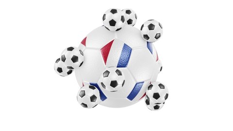 Realistic seamless looping satisfying 3D animation of the Netherlands flag spinning soccer football ball with orbital rolling small balls as satellites rendered in UHD with alpha matte