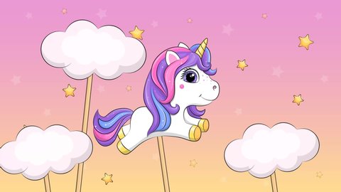 Unicorn in the sky. Cute cartoon looped animal animation. Pink background.