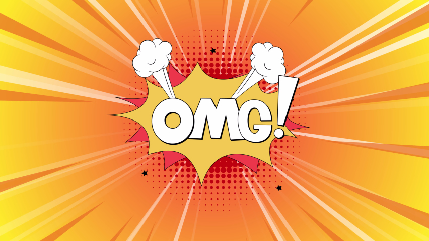 Animated comic pattern. omg text. Pop art Vintage background. orange and yellow rays halftone texture with dots. Cartoon splash effect. Retro wallpaper comics book style. superhero text, speech bubble