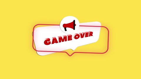 3d realistic style megaphone icon with text Game over isolated on yellow background. Megaphone with speech bubble and game over text on flat design. 4K video motion graphic