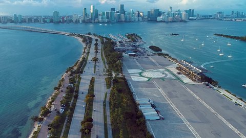 Aerial view of scenic landscape at famous Biscayne bay Miami United States of America. Colorful sunset sky