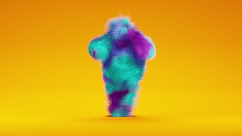 Colorful fur monster dancing samba on yellow background. Fluffy mascot doing funny dance. 3D rendering.