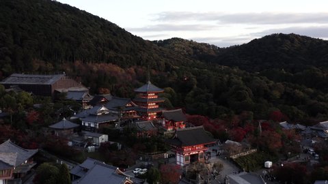 Drone flying above buddhist temple in Kyoto, Japan