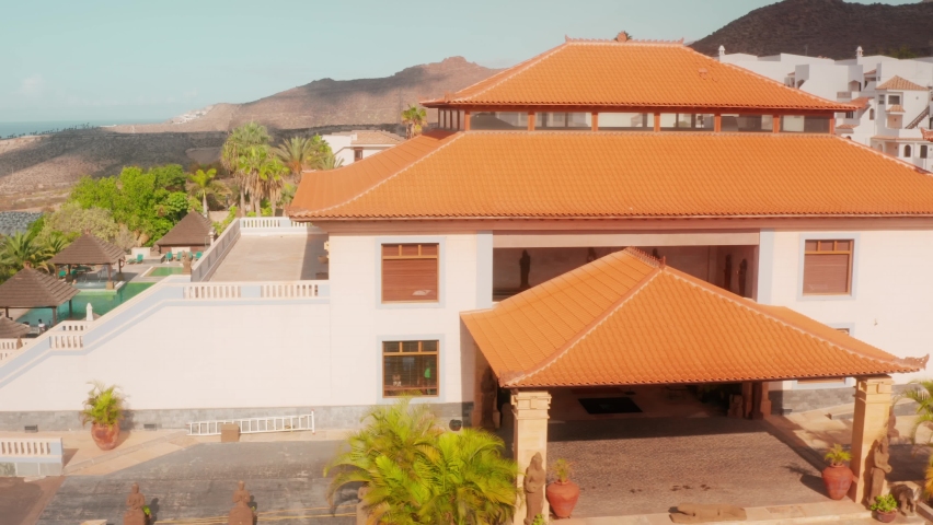 Hotels Aerials view on a clear sunny day with the special green guest aria, pool, bars and restaurants