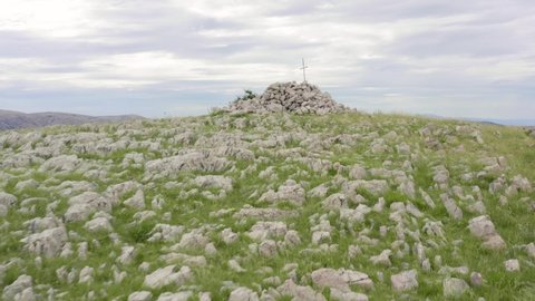 Dry Stone Wall On Mountain Hills With Scenic View Of Krk Island In Croatia. - aerial