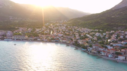 Aerial truck shot of a quiet village on Krk Island Croatia early in the morning