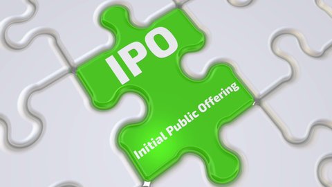 IPO. Initial Public Offering. The inscription on the green element of the puzzle. Folding white puzzles elements and one green with text IPO. Initial Public Offering. Footage video