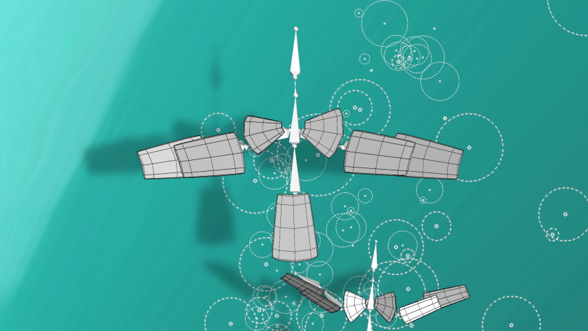 3d animation, a bird robot flying above the ocean or sea with air particles