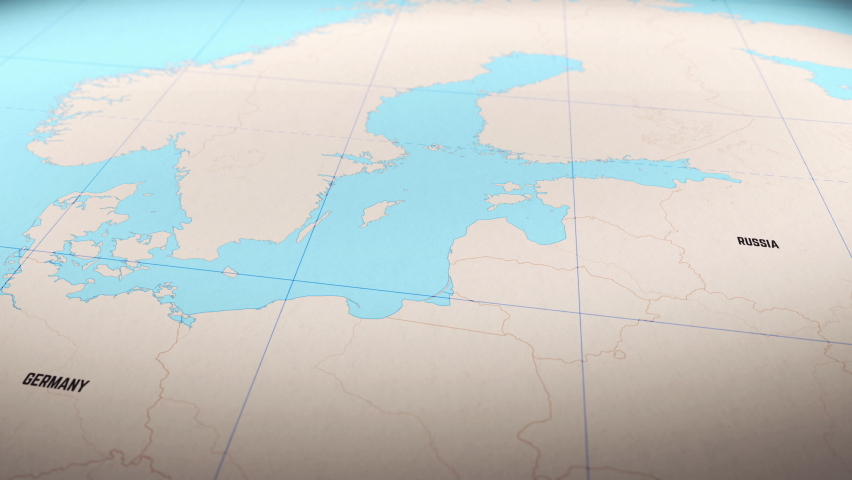 3D animation of process Nord Stream 2 gas pipeline building between Russia and Germany on map Royalty-Free Stock Footage #1084319698