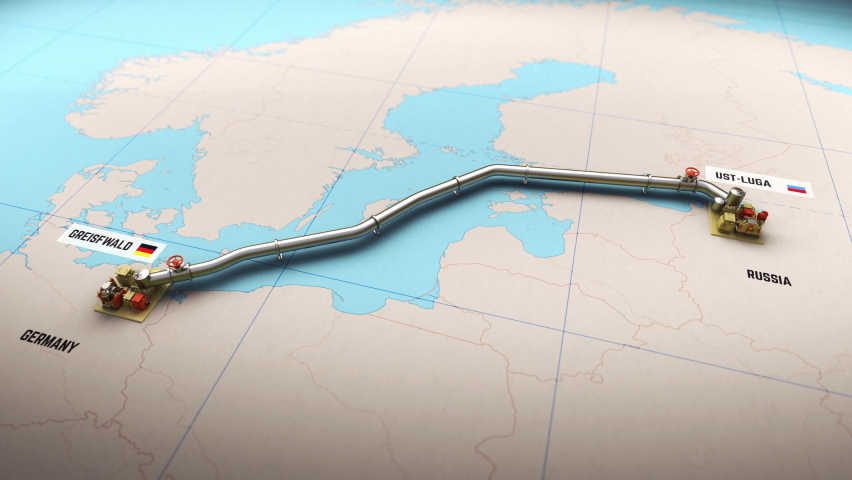 3D animation of process Nord Stream 2 gas pipeline building between Russia and Germany on map | Shutterstock HD Video #1084319698