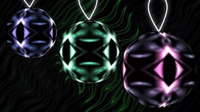 Three Christmas tree decorations, balls of different colors, rotate on their axis and are at different distances from the camera. A backing of waves of different shades and twinkling stars.