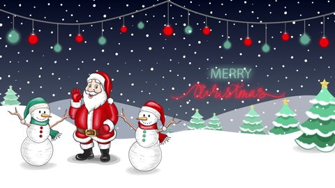 4K Design for Merry Christmas celebration. Beautiful animated snowfall. Animated Santa Claus with dancing snowmen. Decorative Neon Led Lights above the Christmas trees.