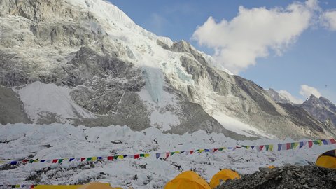 Extreme housing at Khumbu glacier. Tents at Everest Base Camp in snow highlands