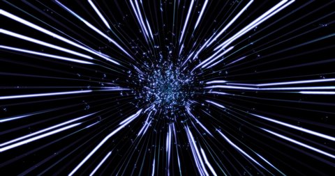 Dynamic background with abstract glowing moving neon rays and particles. Energy space tunnel. The concept of hyper-jump, galaxy, speed of light, big bang, universe. 4K video footage