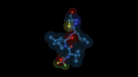 3D representation of a novel COVID-19 antiviral agent known as Nirmatrelvir or PF-07321332. The drug acts as an orally active SARS-CoV-2 3CL protease inhibitor.