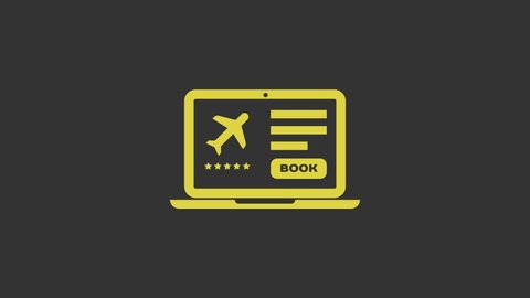 Yellow Laptop with electronic boarding pass airline ticket icon isolated on grey background. Passenger plane mobile ticket for web and app. 4K Video motion graphic animation.
