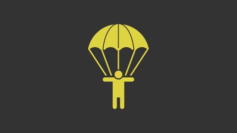 Yellow Parachute and silhouette person icon isolated on grey background. 4K Video motion graphic animation.