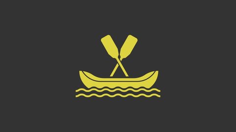 Yellow Rafting boat icon isolated on grey background. Kayak with paddles. Water sports, extreme sports, holiday, vacation, team building. 4K Video motion graphic animation.