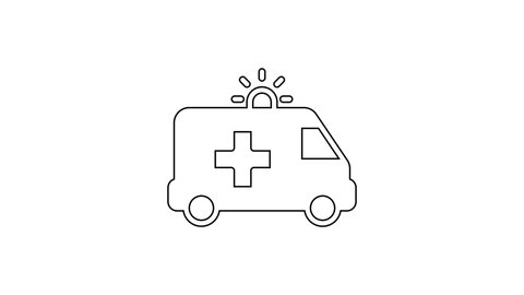 Black line Ambulance and emergency car icon isolated on white background. Ambulance vehicle medical evacuation. 4K Video motion graphic animation.