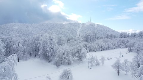 Drone view of the snow-covered mountain landscape at an altitude of 1601 meters in the Kartepe district of the city of Kocaeli, the lamb plateau region where winter tourism and skiing are practiced.