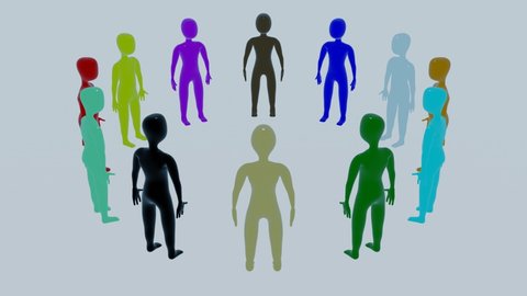 Diverse team of people of many different colors stand in a circle. The Camera goes around the team. 4k animation render