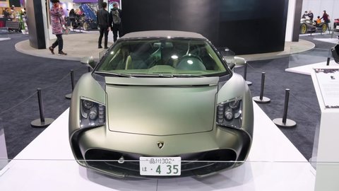 Hong Kong , Lantau island , China - 12 05 2021: The front view of the exclusive luxury supercar Lamborghini L595 Spider is seen displayed during the International Motor Expo (IMXHK) in Hong Kong.