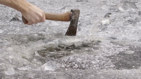 240fps SLOW MOTION - axe hitting the ice, lake water erupts upwards