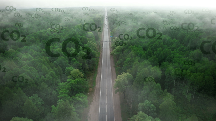 Carbon free concept. Forest protect world from CO2 dioxide pollute emission. A lonely road in the forest among the carbon smoke.