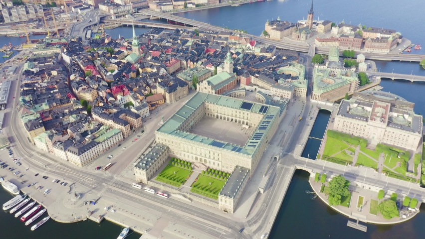 Inscription on video. Stockholm, Sweden. Royal Palace, Kungliga slottet. Old Town - Gamla Stan. Riddarholmen. Aerial view. Text from small balls, Aerial View, Point of interest