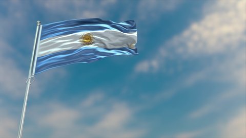 Argentina flag waving in the wind with high-quality texture in 4K UHD National Flag. Realistic Animation of the Argentina flag with moving clouds and blue sky background