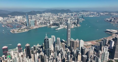 Hong Kong 09 December 2021: Drone fly over Hong Kong city