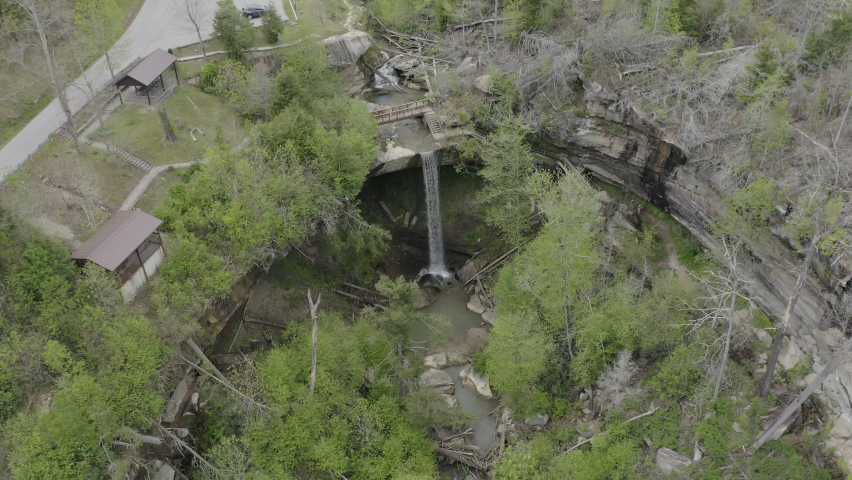 aerial drone view over waterfall